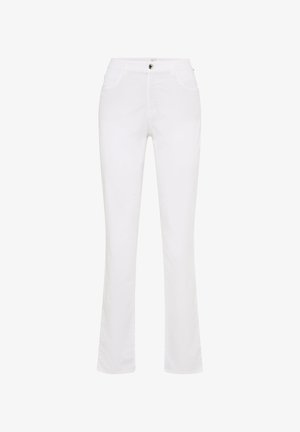 Hvide bukser med lige ben, foran med knap og lynlås, bæltestropper samt lommer i siden og bagpå.