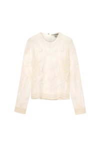 Weißes Langarmshirt mit aufwändiger Blumenstickerei, einem runden Ausschnitt und einem leicht gezackten Saum mit strukturierten Details.