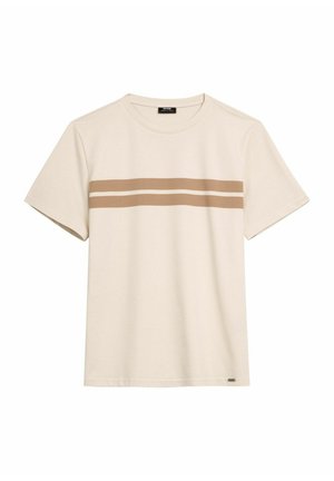 Beżowy bawełniany t-shirt z okrągłym dekoltem, z dwoma poziomymi brązowymi paskami na klatce piersiowej. Krótkie rękawy i luźny krój.
