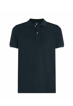 Navy blue polo shirt in a breathable fabric, featuring a classic collar, two front buttons, and short sleeves with a smooth texture.