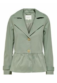 Giacca peplum verde chiaro con colletto a risvolto, due bottoni e maniche lunghe. Tessuto liscio con una leggera trama lucida.