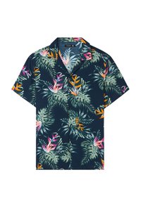 Camicetta a maniche corte di colore blu scuro, con un motivo di foglie tropicali in verde, rosa e arancione. Colletto classico e chiusura frontale con bottoni.