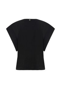 T-shirt nera oversize con scollatura ampia, maniche corte e orlo dritto. Realizzata in un tessuto morbido e liscio. Design minimalista.