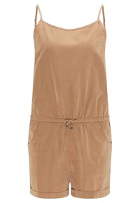 Combinaison sans manches taupe avec bretelles ajustables, taille élastique, poches latérales et un tissu lisse et texturé. Comprend un détail à cordon de serrage.