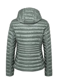 Groene gewatteerde jack met een capuchon, met gestikte secties, een glanzende textuur en een aansluitende silhouet voor warmte en comfort.