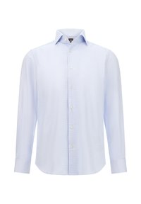 Světle modrá košile s dlouhým rukávem v kostkovaném vzoru, s límečkem na knoflíky, rovný lem a jemná textura. Přední zapínání na pět knoflíků.