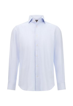 Jasnoniebieska koszula z długim rękawem w kratkę, z kołnierzykiem zapinanym na guziki, charakteryzująca się prostym dołem i delikatną fakturą. Zapięcie na pięć guzików z przodu.