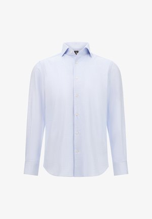 Helles blaues Langarmhemd mit Karomuster und Button-Down-Kragen, mit geradem Saum und subtiler Textur. Fünfknopf-Frontverschluss.