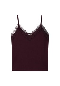 Donkerpaarse mouwloze camisole met kant langs de V-hals en dunne schouderbandjes, plat gelegd op een witte achtergrond.