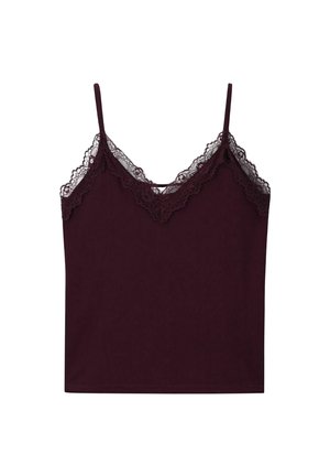 Donkerpaarse mouwloze camisole met kant langs de V-hals en dunne schouderbandjes, plat gelegd op een witte achtergrond.