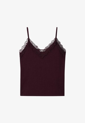 Donkerpaarse mouwloze camisole met kant langs de V-hals en dunne schouderbandjes, plat gelegd op een witte achtergrond.