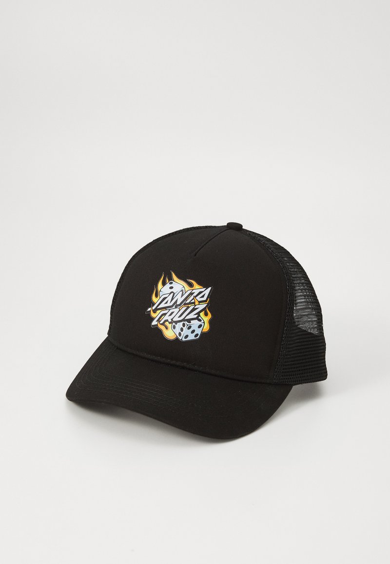 Black cap with mesh sides features a colorful graphic of the "Santa Cruz" logo and dice, with flame accents in orange and yellow.
