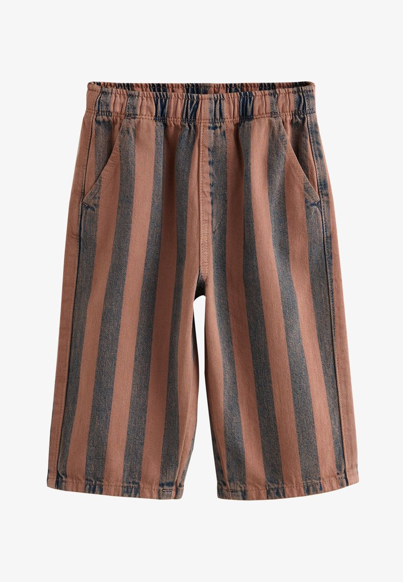 Braune und dunkelgraue knielange Shorts mit vertikalen Streifen, elastischem Bund und Seitentaschen.