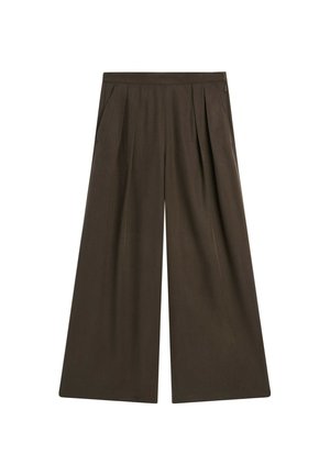 Dunkelbraune, weit geschnittene Hose mit Falten, Seitentaschen und hohem Bund, flach auf weißem Hintergrund ausgelegt.