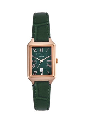 Rechteckige roségoldene Uhr mit grünem Lederarmband, grünem Zifferblatt, roségoldenen römischen Ziffern, drei Zeigern und Datumsanzeige 18.