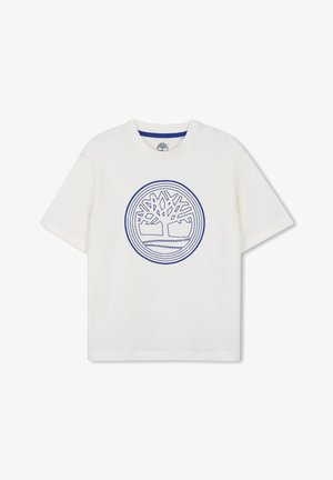 T-shirt blanc à manches courtes avec col rond présentant un logo d'arbre bleu brodé à l’intérieur d’un cercle au centre avant.