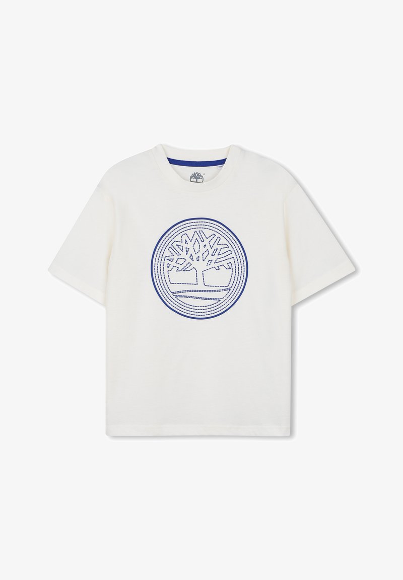T-shirt blanc à manches courtes avec col rond présentant un logo d'arbre bleu brodé à l’intérieur d’un cercle au centre avant.