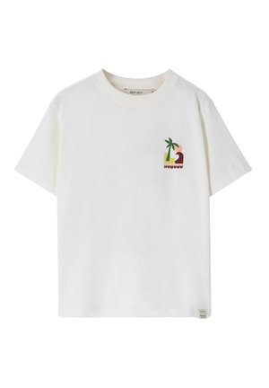 Wit T-shirt met korte mouwen met een kleine kleurrijke afbeelding van een palmboom, zon en abstracte vormen op de linkerborst.