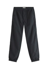 Pantaloni neri leggeri con cintura elastica e caviglie elastiche. Texture liscia con tasche laterali e dettagli di cucitura minimi.