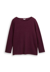 Haut bordeaux à manches longues avec un col rond, présentant des accents de trois boutons sur le côté gauche et un tissu doux et texturé.