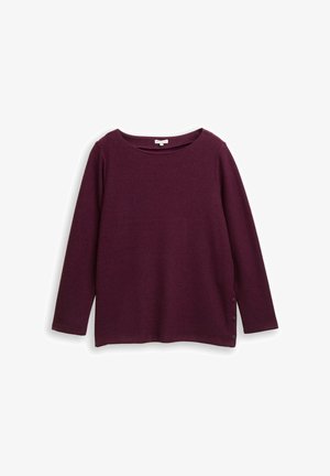 Burgundy long-sleeve top with a round neckline, featuring three-button accents on the left side and a soft, textured fabric.