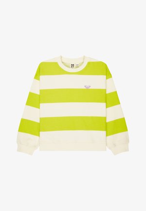 Mikina s dlouhým rukávem a kulatým výstřihem, s širokými vodorovnými pruhy v limetkově zelené a bílé barvě a malým fialovým logem na levé straně hrudi.