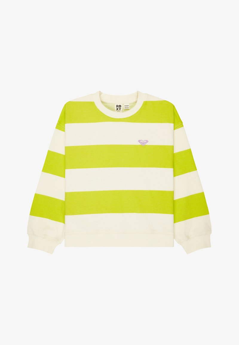 Bluza z długim rękawem i okrągłym dekoltem z szerokimi, poziomymi paskami w kolorze limonkowo-białym oraz małym fioletowym logo na lewej piersi.