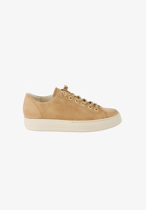 Beige suede sneaker with a rounded toe, soft texture, and contrasting white rubber sole. Features lace-up closure and metal eyelets.