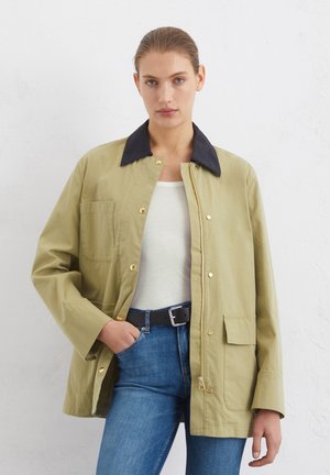 Olive green lightweight jacket with a black collar, featuring gold buttons, a front zipper, and two side pockets; smooth texture.