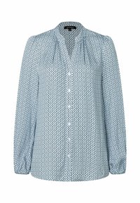 Lichtblauwe blouse met knoopsluiting, voorzien van een geometrisch patroon, lange mouwen en geplooide details op de schouders. Gemaakt van lichte stof.