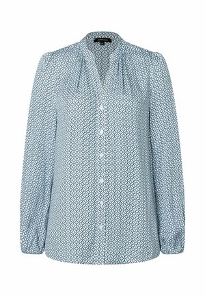 Button-up blouse in light blue with geometric pattern, long sleeves, and gathered detailing at the shoulders. Made from lightweight fabric.