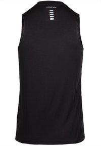 Black sleeveless athletic top with a textured finish. Features a crew neckline and a reflective logo on the upper back, highlighting functionality.