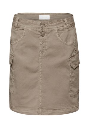 Falda beige hasta la rodilla con bolsillos frontales, bolsillos laterales con solapa, cierre doble de botones y costuras reforzadas.