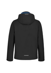 Sort softshell-jakke med hætte, set bagfra, der har en lille reflekterende streg nær bunden og "Icepeak" logo på hætten.