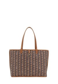 Borsa a tracolla con manici in pelle marrone, caratterizzata da un tessuto scuro con un motivo geometrico ripetuto in beige e marrone. Chiusura con zip nella parte superiore.