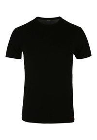 Black short-sleeve t-shirt made of cotton. Features a crew neckline and a small red logo at the hem. Smooth texture, casual design.