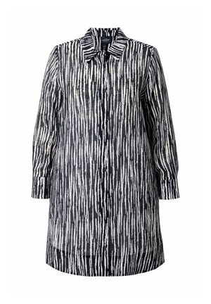 Knoop-blouse jurk in zwart en wit met een verticale streep patroon. Gemaakt van textuurstof met een kraag en lange mouwen.