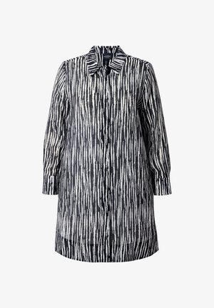 Hemdblusenkleid in Schwarz und Weiß mit vertikalem Streifenmuster. Hergestellt aus strukturiertem Stoff mit Kragen und langen Ärmeln.