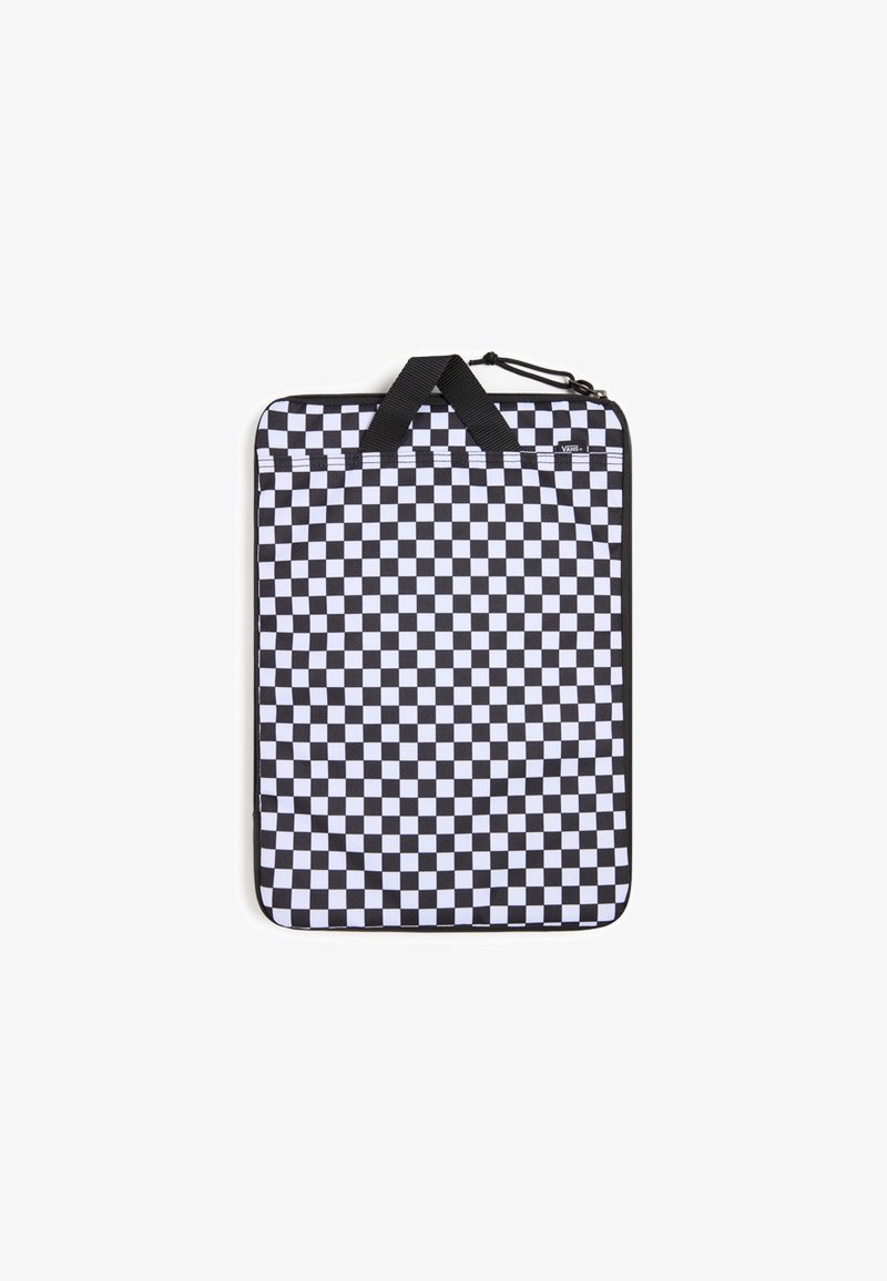 Schwarz-weiße Karomuster-Laptoptasche mit glattem Stofffinish, gepolstert für Schutz, mit doppelten Griffen zum einfachen Tragen.