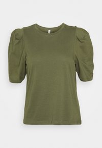 Oliven grøn kortærmet t-shirt med puffede ærmer, blødt bomuldsstof, rund halsudskæring og en komfortabel, let figursyet pasform.