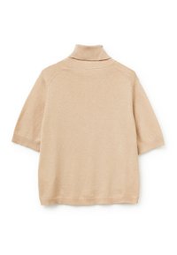 Maglione in maglia beige con maniche corte, colletto alto a coste e polsini a coste sulle maniche e sull'orlo.