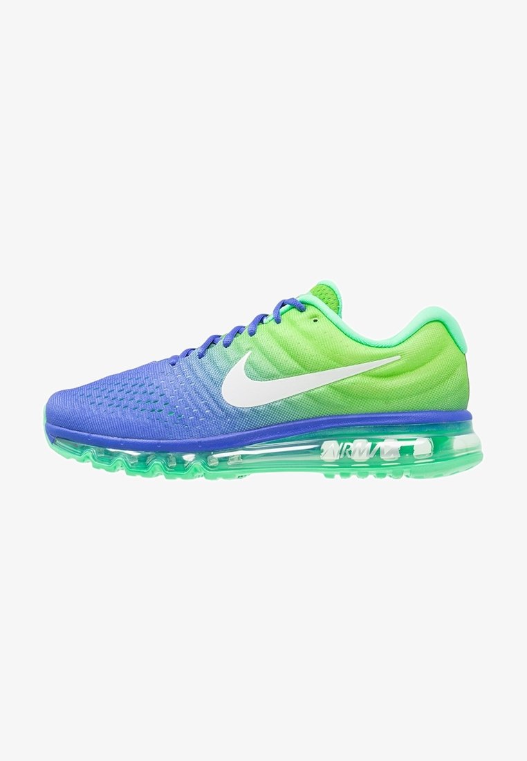 Baskets Nike Air Max avec un design en dégradé, présentant une tige en mesh bleu et vert, un logo blanc, et une semelle à coussin d'air transparente verte.