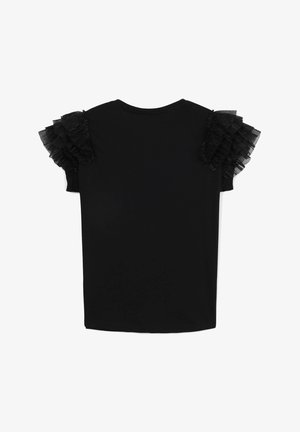 T-shirt noir à manches courtes, avec des accents en tissu transparent volanté sur les épaules, un col rond, et une coupe décontractée. Texture de tissu lisse.