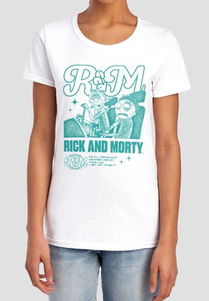 Person wearing white t-shirt with teal Rick and Morty graphic showing them in a spaceship with large letters "R & M" above.