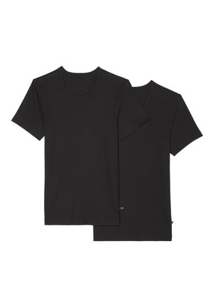 Zwei schwarze Baumwoll-T-Shirts werden präsentiert, die ein klassisches Rundhalsdesign, kurze Ärmel und eine glatte Textur aufweisen. Keine sichtbaren Muster.