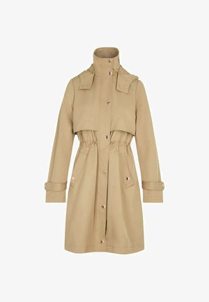 Beige knee-length trench coat with high collar, snap buttons, drawstring waist, flap over shoulders, and buttoned cuffs.