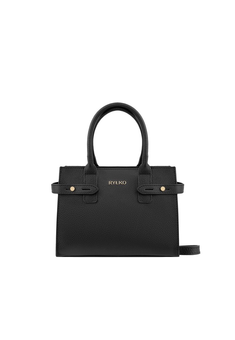 Black leather handbag with a textured surface, dual top handles, gold-tone hardware, and a removable shoulder strap. Displaying a brand logo.