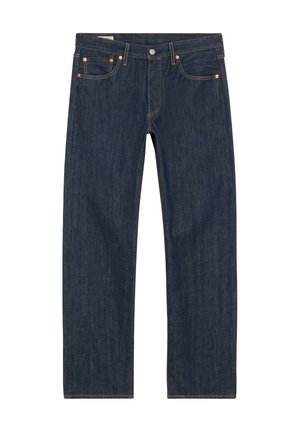Donkerblauwe denim jeans met een rechte snit, voorzien van koperen klinknagels, gele stiksels en voorzakken. Gladde textuur met minimale ontwerpelementen.