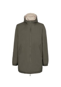 Giacca a zip verde oliva con cappuccio, dotata di foderatura beige, due tasche laterali e polsini elasticizzati per una vestibilità sicura.