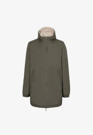 Chaqueta con cremallera en verde oliva y capucha, con un forro beige, dos bolsillos laterales y puños elásticos para un ajuste seguro.